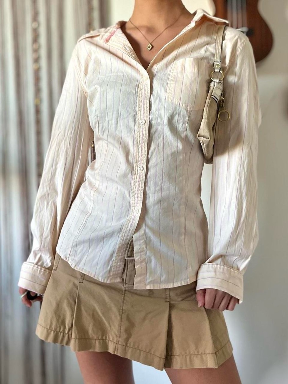 American Eagle Outfitters Cream Pinstripe Button-Down Shirt
